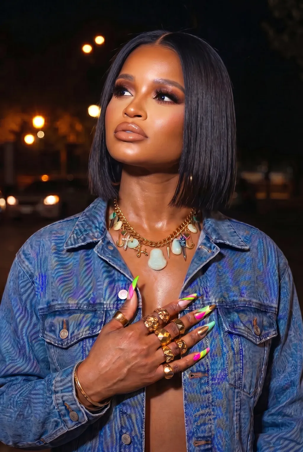 Denim jacket with charm chain necklace editorial